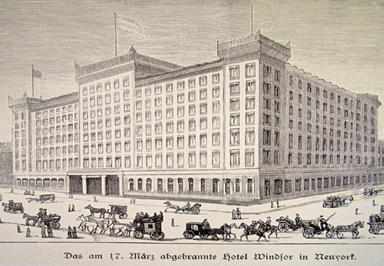 The Windsor Hotel in New York City built in 1873, and burned down in 1879. This was the center of Irish socializing in 1874.